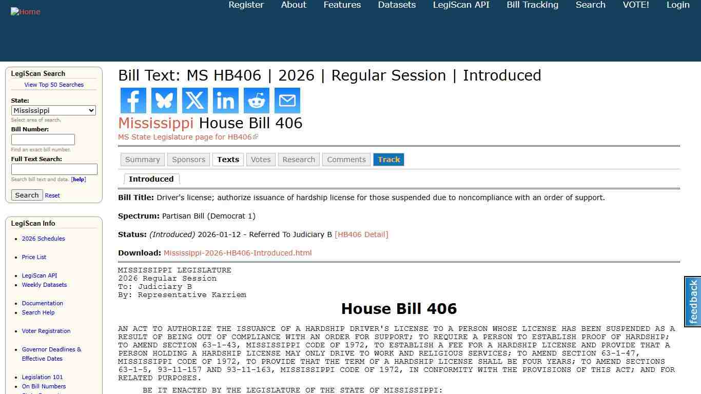Bill Text: MS HB406 2026 Regular Session Introduced LegiScan
