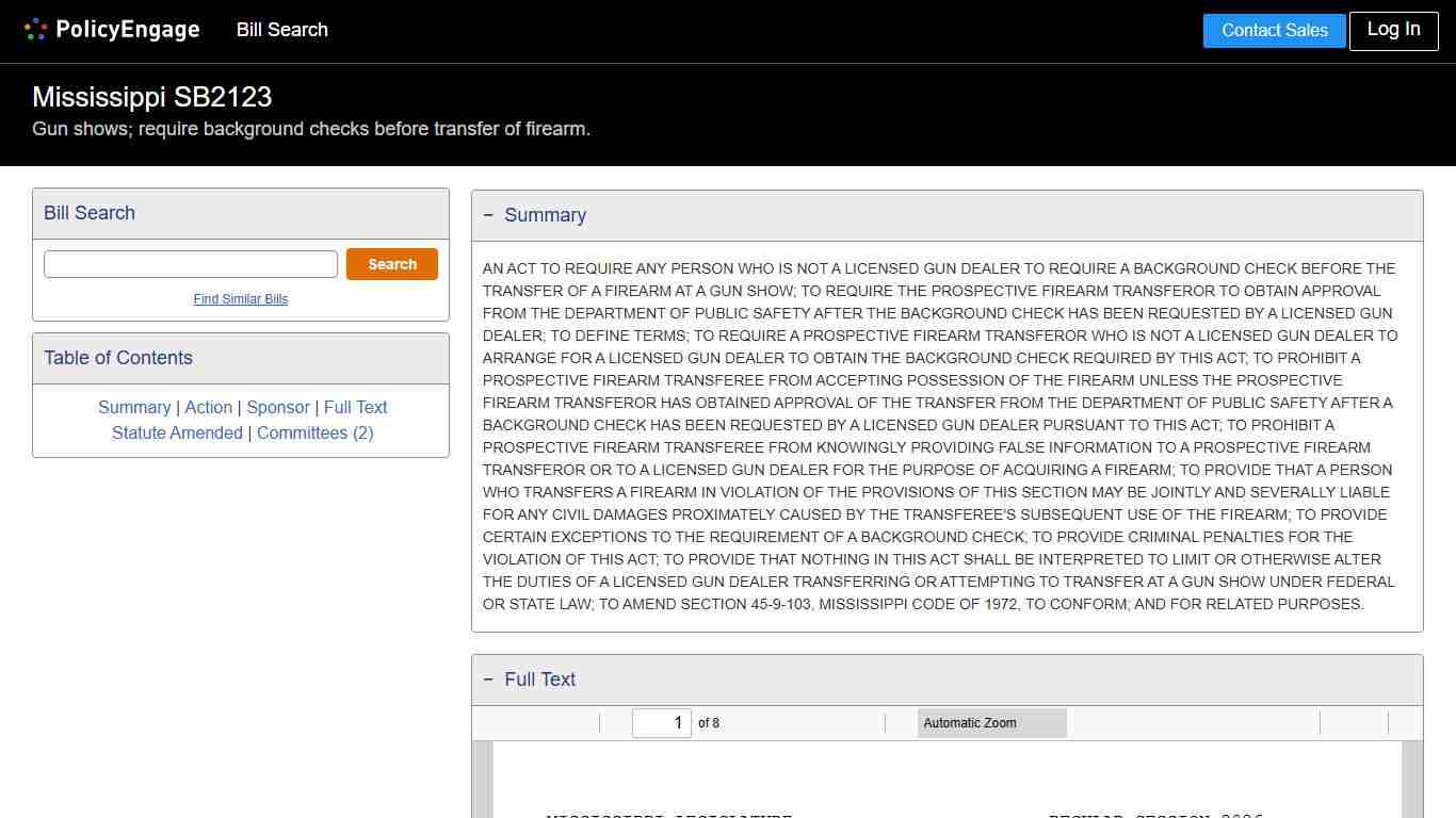 SB2123 Mississippi 2026 Gun shows; require background checks before transfer of firearm. - Legislative Tracking PolicyEngage